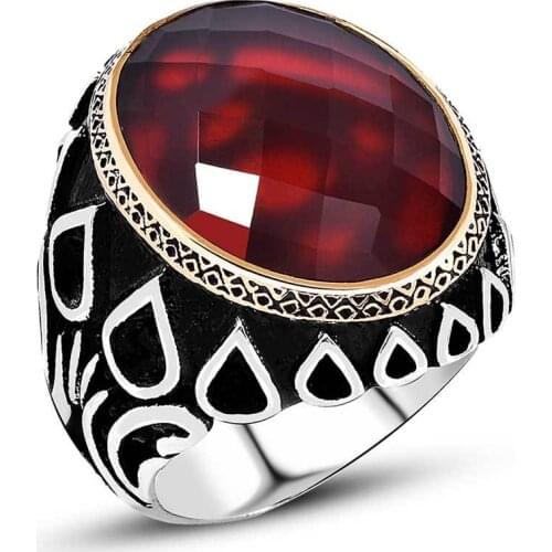 925 sterling Silver Red Zircon Stone Mens Ring