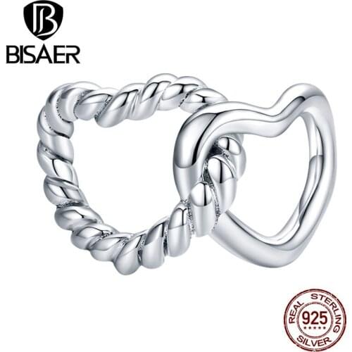BISAER Closer Hearts Beads 925 Sterling Silver Intertwined Heart Charms Pendant Fit Bracelet Necklace Wedding Jewelry ECC1563