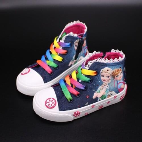 Disney 2021 Spring Autumn Mid-cut Ribbon Cowboy Childrens Shoes Cartoon Frozen Princess Shoes Student Casual Shoes Size 25-37