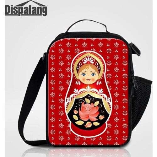 Dispalang Women Insulated Lunch Bags Russian Matryoshka Doll Printing Cooler Bag Girl Small Canvas Food Messenger Bag For School