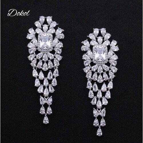 DOKOL Exquisite Clear Zircon Bridal Earring Jewelry Silver Color Long Drop Earrings for Wedding Party Bridesmaids Gift DKE0176