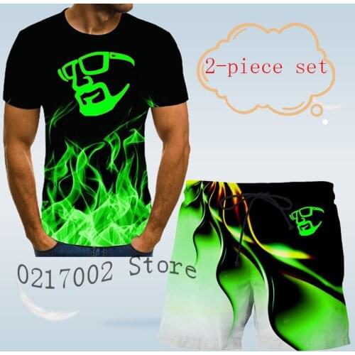New summer mens glasses printed 3D T-shirt set fashion trend leisure set mens Lapel shirt and beach shorts two-piece set