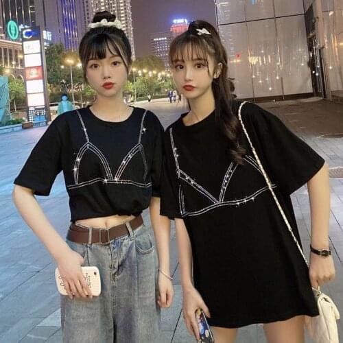 Hot Diamond Short-sleeved Oversized T-shirt Women Korean Version 2021 Summer New Design Sense Niche Girlfriends Clothes Y2k Tops