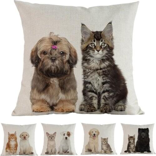 Group Photos Of Cats And Dogs Cute Small Kitten and Puppy Throw Pillow Case Home Kids Room Sofa Decorative Cushion Cover