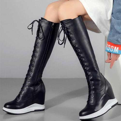 Fashion Sneakers Women Lace Up Cow Leather Wedges High Heel Motorcycle Boots Female Warm Fleeces Round Toe Platform Pumps Shoes