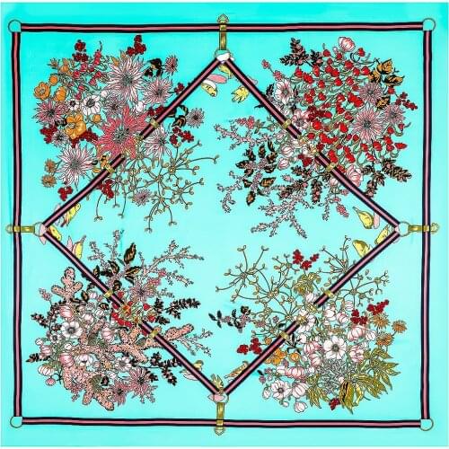 Summer Square Scarf Luxury Brand bouquet 130cm Big Twill Silk Scarf Women Kerchief Fashion Scarves For LadiesShawl Echarpe stole