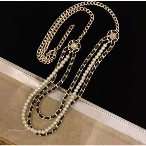 2021 Hot Brand Fashion Jewelry Women Vintage Chain Leather Pearl Link Chain Long Necklace Party Fine Fashion Jewelry