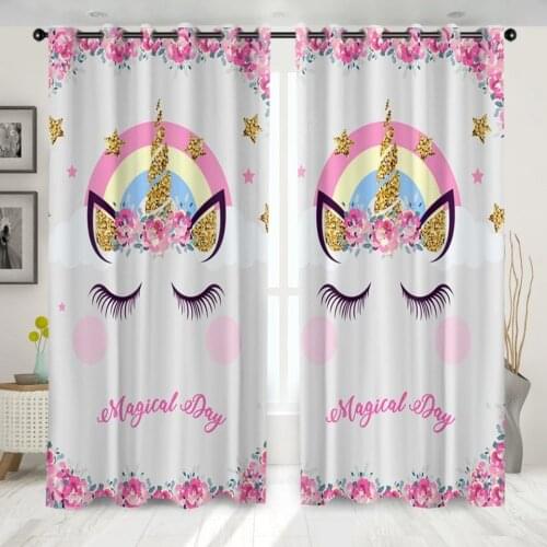 Cartoon Cute Expression Lace Unicorn Digital Printing Curtain Blackout Curtains for Kids Girls Bedroom Tatami Bed Living Room