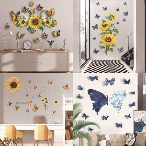 Sunflower Wall Sticker Removable Flower Decal Waterproof 3d Floral Butterfly Wallpaper For Kids Baby Bedroom Living Room Decor