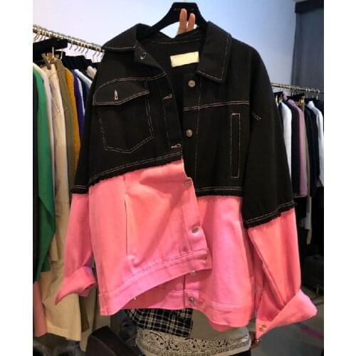 New Womens Loose Lapel Contrasting Color Stitching Burr Jeans Coat Denim Jacket