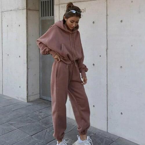 Autumn and Winter Womens Sports Suit Solid Color Hooded Long Sleeve Sweater Casual Sweatpants Sets