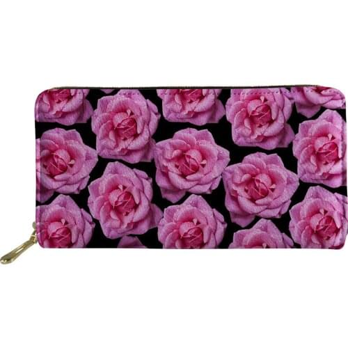 Pink Woman Wallet Zipper Handy Coin Purses Flower Rose Print Long Wallets PU Leather Ladies Money Bag With Credit Card Holder