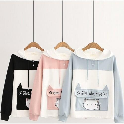 Harajuku Cartoon Cat Print Cute Hoodies Sweatshirt Women 2020 Autumn Long Sleeve Korean Style Female Hooded Pullover Tracksuits