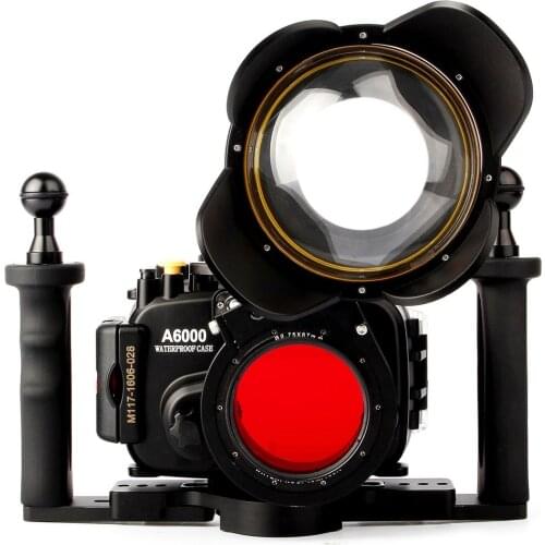 Waterproof Underwater Camera Housing Case Bag for Sony A6000 w/ 16-50mm Lens + Fisheye Dome Port + Two-hands Handle + Red Filte