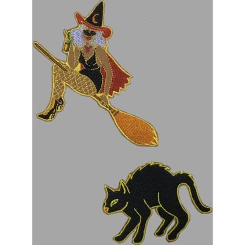 Embroidery Girl Witch Fabric Patch Black Cat Applique Iron on Sticker Backpack Badges Clothes Decorated DIY Clothes Stickers