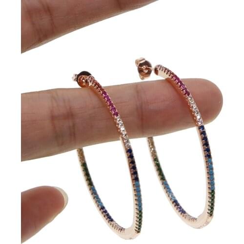 HIGH quality multi color stone ear jewelry romantic rose gold color 45mm colorful cz gorgeous women ladies rainbow hoop earrings