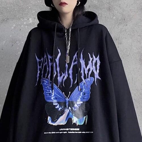Dark Butterfly Print Hoodie Autumn New Korean Oversize Loose Top Gothic Sweatshirt Streetwear Harajuku Punk Womens Hoodie