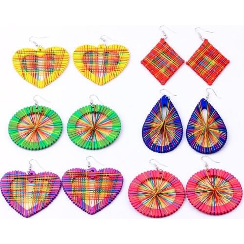 Handmade Winding Thread Wooden Earrings Unique Bohemian Statement BLue Green Red Heart Earrings For Women 2020 New Jewelry Gifts