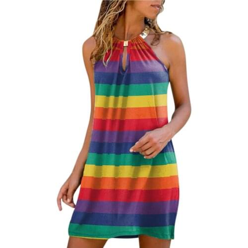 Womens Sexy Round Neck Sleeveless Mini Dress Ladies Casual Office Elegant Dress Vestidos Rainbow Print Party Dresses Платье