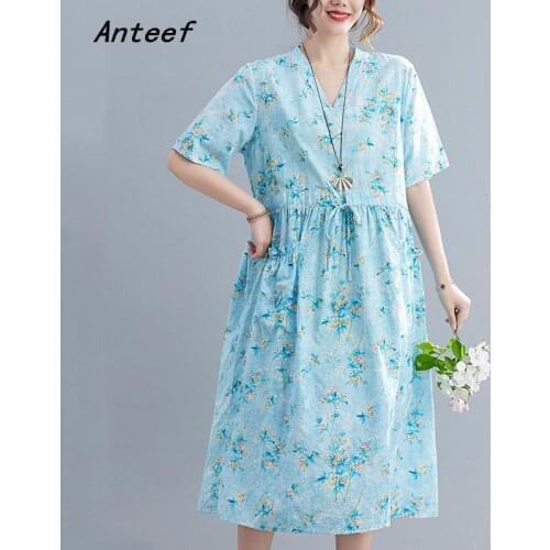 Short sleeve cotton vintage floral dresses for women casual loose woman summer dress elegant clothes 2021