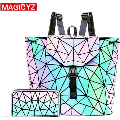 Women Backpack Holographic Luminous Backpacks Girl School Bag For Student Backpack Geometric foldable Shoulder Bags and purse