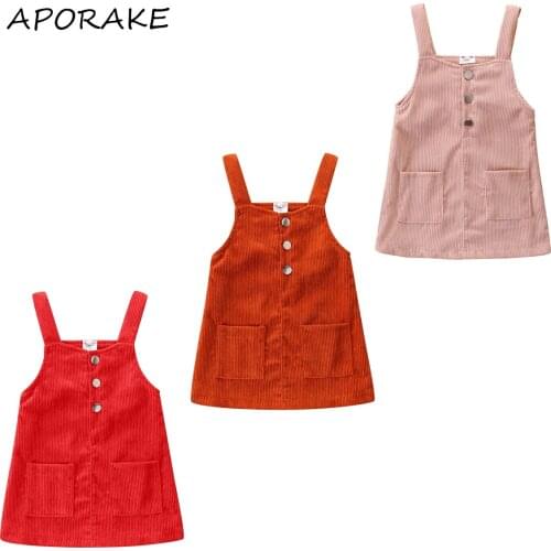 2021 1-6Y Toddler Baby Girl Overalls Spring Autumn Solid Color Square Collar Button Pocket Sleeveless Corduroy Suspend Dress