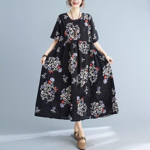 Thin Soft Cotton Linen Loose Summer Travel Style Beach Casual Dress Print Floral Vintage Women Long Maxi Fashion Lady Dress