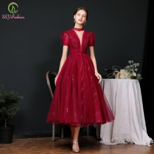 SSYFashion New Cocktail Dresses for Women Vestidos De Fiesta De Noche Wine Red Beading Elegant Tea-length Evening Party Gowns