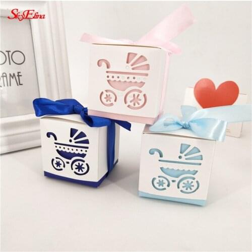 10pcs Laser Cut Hollow Baby Car Gift Box With Ribbon Wedding Party Decoration Baby Shower Favor Candy Boxes Supplies 7zSH120