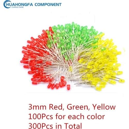300Pcs/bag 3mm LED lamp beads light-emitting diode F3 red, green, yellow straight plug bulb each color 100pcs