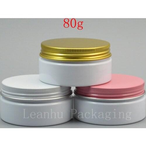 50 pieces/lot) 80g empty white PET cream jar with white / pink / gold aluminum screw cap for containing solid perfumes 80cc