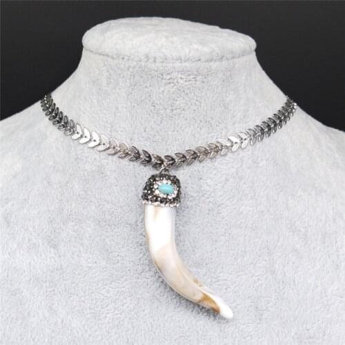 AFAWA Doreen Stainless Steel Resin Boho Chic Necklace Horn-shaped Colorful Micro Pave Clear Rhinestone Jewelry collares NB21S04