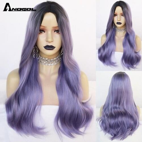 Anogol Long Ombre Colorful Synthetic Wig Middle Part Natural Wavy Wigs Purple Daily Wigs