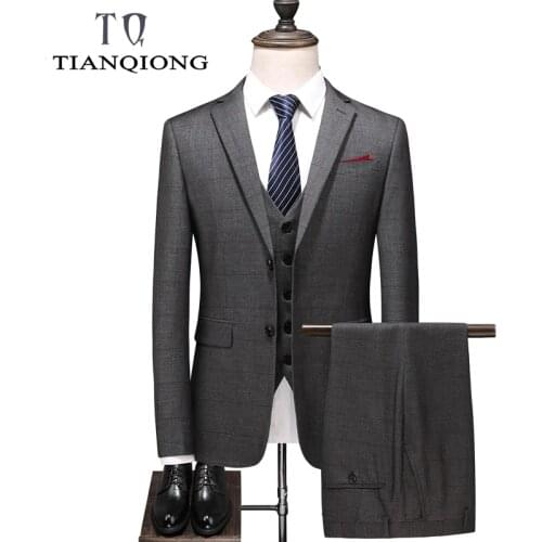 Brand Slim Fit Wool Plaid Suit Men Brand Classic 3 Piece Mens Wedding Suits Apricot Yellow Navy Blue Grey Mens Formal Suits