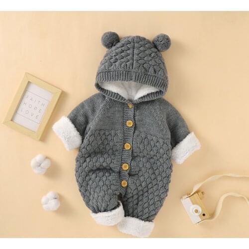Infant Baby Romper Long Sleeve Winter Newborn Girl Jumpsuit Outfits Fashion Hooded Cute Bear Ears Toddler Boy Clothing Warm Knit