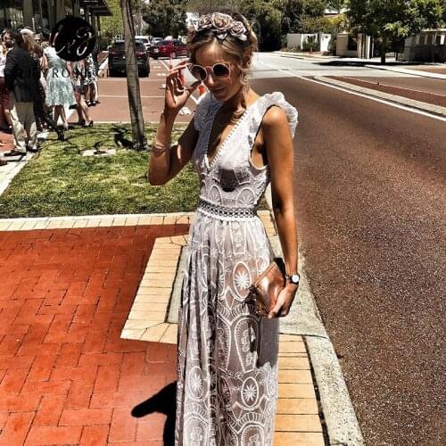 Elegant Backless Sheath Pink Party Dress Lace Sexy Deep V Neck Beach Long Boho Sleeveless Club White Formal Dance Dress