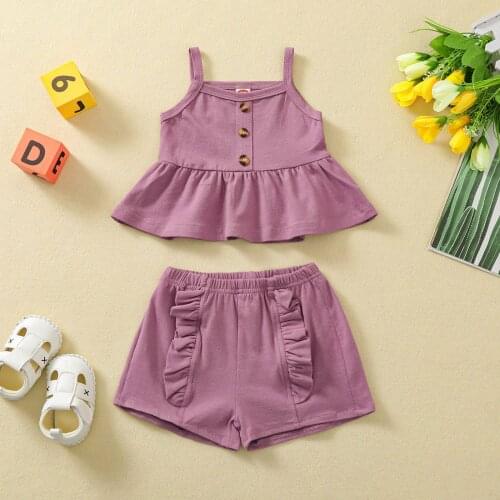 Toddler Baby Solid Color Two-pieces 100% Cotton Clothes Infant Girl Round Collar Sleeveless Tops + Elastic Short Pants Set 6M-4T