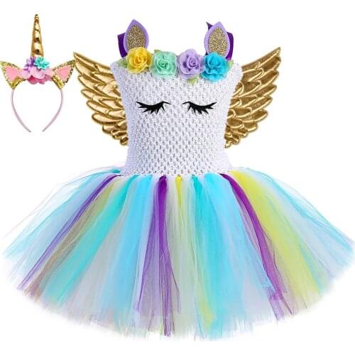 Unicorn Costume for Girls Flower Ball Gown Tulle Girl Princess Dress Kids Holiday Halloween Party Tutu Dress Up Children Clothes