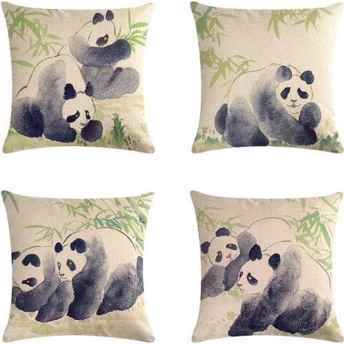 Lovely Panda Cushion Cover Bamboo Ink Painting Style Couch Sofa Bed Linen Decorative Pillowcase for Living Room Home Decor 45x45