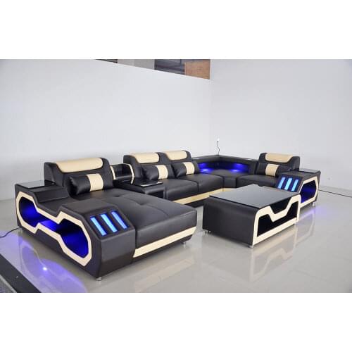 Sofa set living room furniture leather sofa with u shaped corner sofa design Led lighting