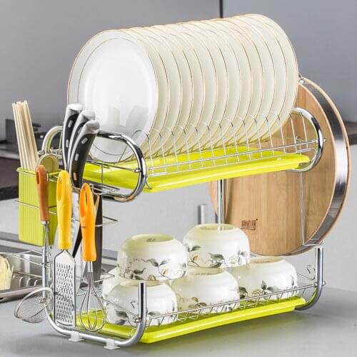 C-Shaped Dish Rack Set 2/3-Tier Chrome Stainless Plate Dish Cutlery Cup Rack With Tray Steel Drain Bowl Rack Kitchen Shelf