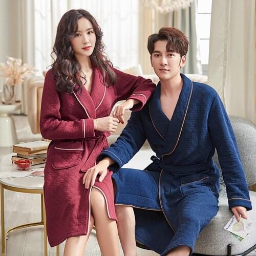 New Winter Full Cotton Interlay Warm Couple V-Neck Kimono Robe Female Nightgown Bath Gown Sleepwear Men Spas Robes Plus Size 3XL
