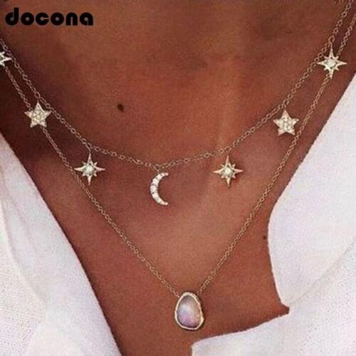 Docona Boho Gold Color Crystal Star Moon Layered Necklaces for Women White Water Drops Stone Pendant Necklace Boho Jewelry 5424