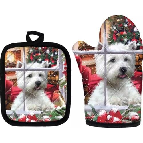 Christmas Westie Printed Microwave Glove Kitchen Anti-Hot Gloves for BBQ Insulation Gloves Oven Mitts Kitchen Baking Accessories