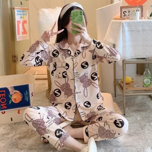 Pyjamas Women Cotton Long Sleeve Trousers Autumn Womens Cardigan Sweet Pajamas Student Homewear Elastic Waist Sleepwear Female