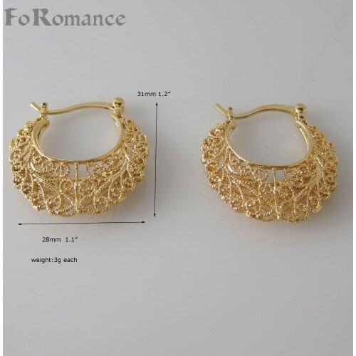 MIN ORDER 10$/CAN MIX DESIGN/ YELLOW GOLD COLOR OVERLAY FLOWER PATTERN HOOP TALL 31 MM 1.2" EARRING WIDTH 28 MM 1.1"