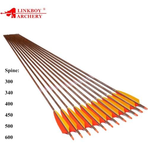 12PCS Linkboy Archery Carbon Arrow Shaft 32'' Wood Skin 5" Turkey Vanes Spine300-600 Compound Recurve Bow Accessories Arrows