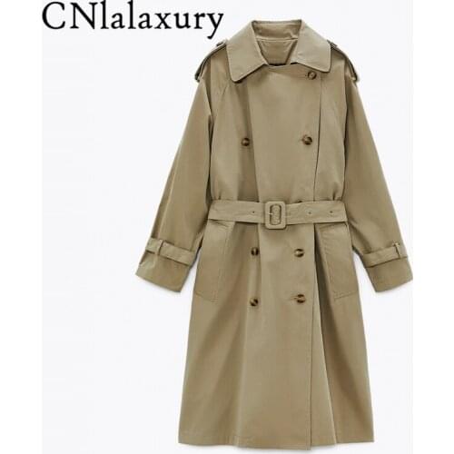 2021 New Spring Autumn Za Women Fashion Vintage Long Trench Coat Chic Button With Belt Windbreaker Female Casual Solid Outwear