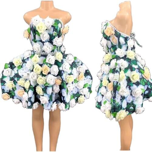 Women Prom Appliques Flower Pearl Strapless Birthday Party Dresses Sexy Off Shoulder Mini Ball Gown Celebrate Dance Costumes