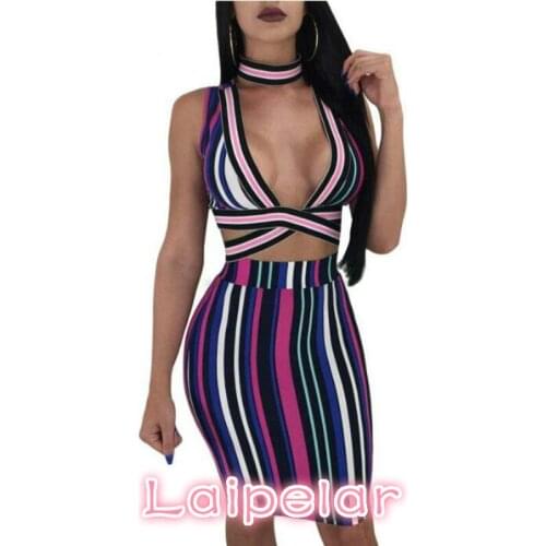 Women Striped Printed Dress Summer Sleeveless Bodycon Pencil Dress Sexy Club Wear Two Pieces Outfit Party Dresses Laipelar
